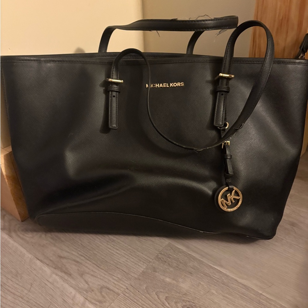 Michael Kors Black Leather Tote with Gold Accents